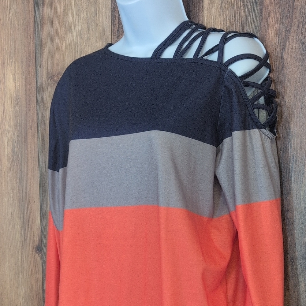Women's Criss/Cross Cold Shoulder Color Block Long Sleeve Blouse XL         D365